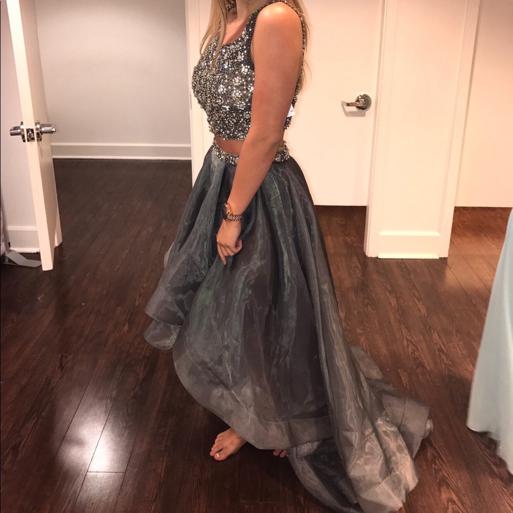 Long and Sparkly Gray Two-Piece Prom Dress - Picture 4 of 6